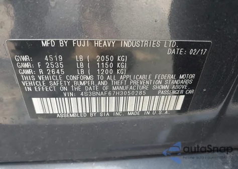 2017 Subaru Legacy 2.5I Premium z USA, uszkodzony, nr VIN 4S3BNAF67H3050285